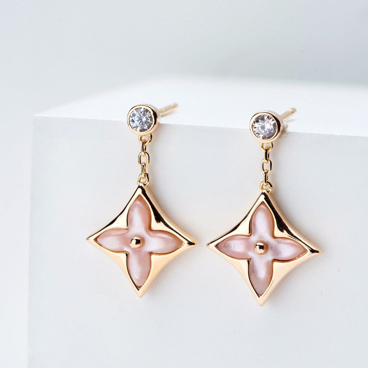 [Renovia Jewelry]DOUBLE STAR PINK GOLD MOP DROP EARRINGS