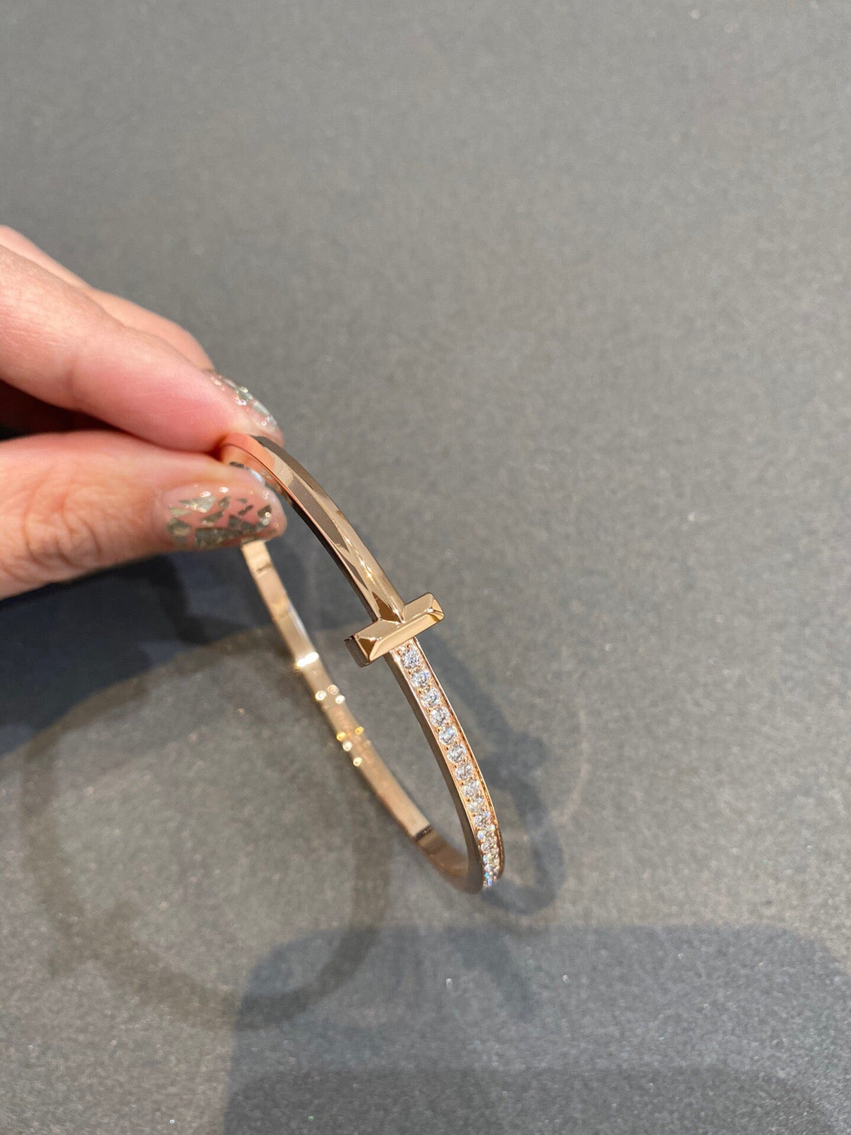 [Renovia Jewelry]NARROW T1 HINGED BANGLE DIAMOND PINK GOLD