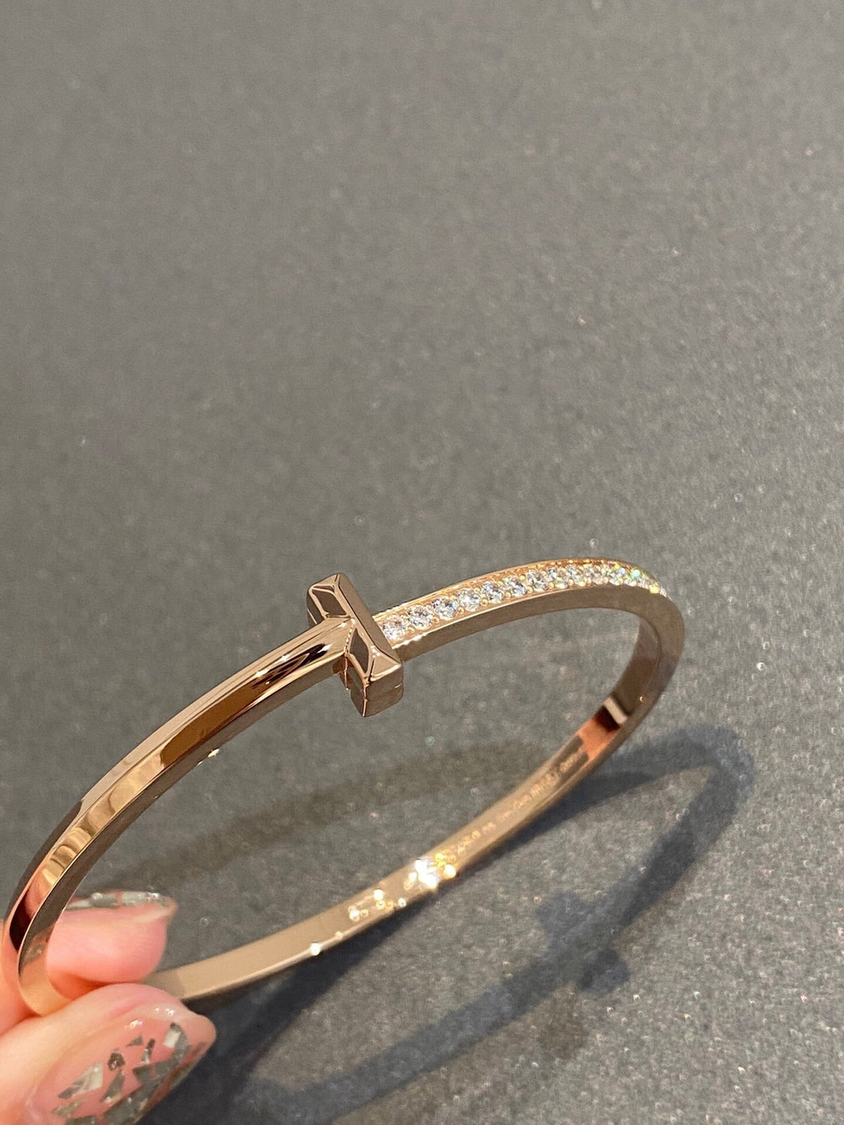 [Renovia Jewelry]NARROW T1 HINGED BANGLE DIAMOND PINK GOLD
