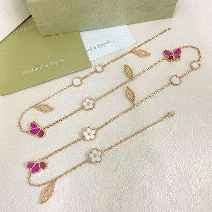 [Renovia Jewelry]ROSE QUARTZ MIXED FLOWER BUTTERFLY SWEATER CHAIN