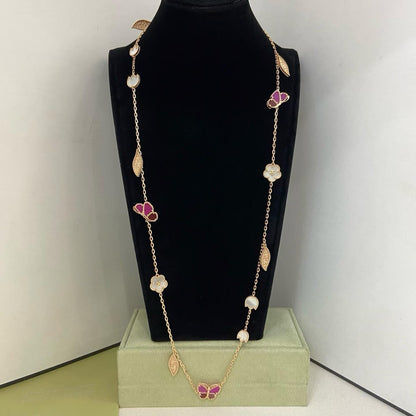 [Renovia Jewelry]ROSE QUARTZ MIXED FLOWER BUTTERFLY SWEATER CHAIN