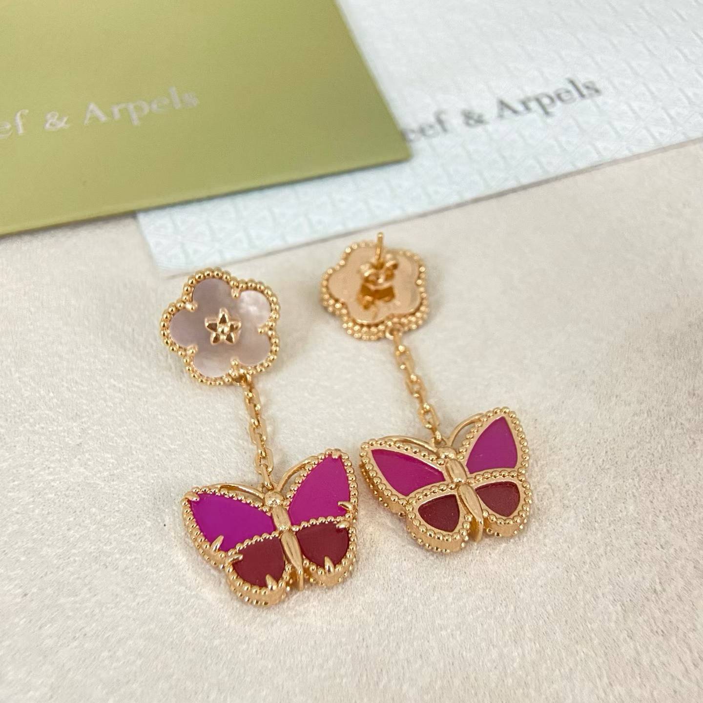[Renovia Jewelry]ROSE QUARTZ TWO‑FLOWER BUTTERFLY DROP EARRINGS