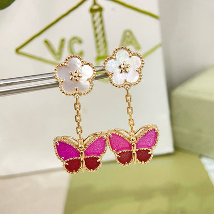 [Renovia Jewelry]ROSE QUARTZ TWO‑FLOWER BUTTERFLY DROP EARRINGS