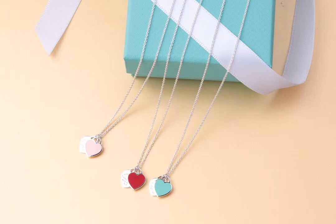 [Renovia Jewelry]DOUBLE HEART TAG PENDANT SILVER MINI NECKLACE